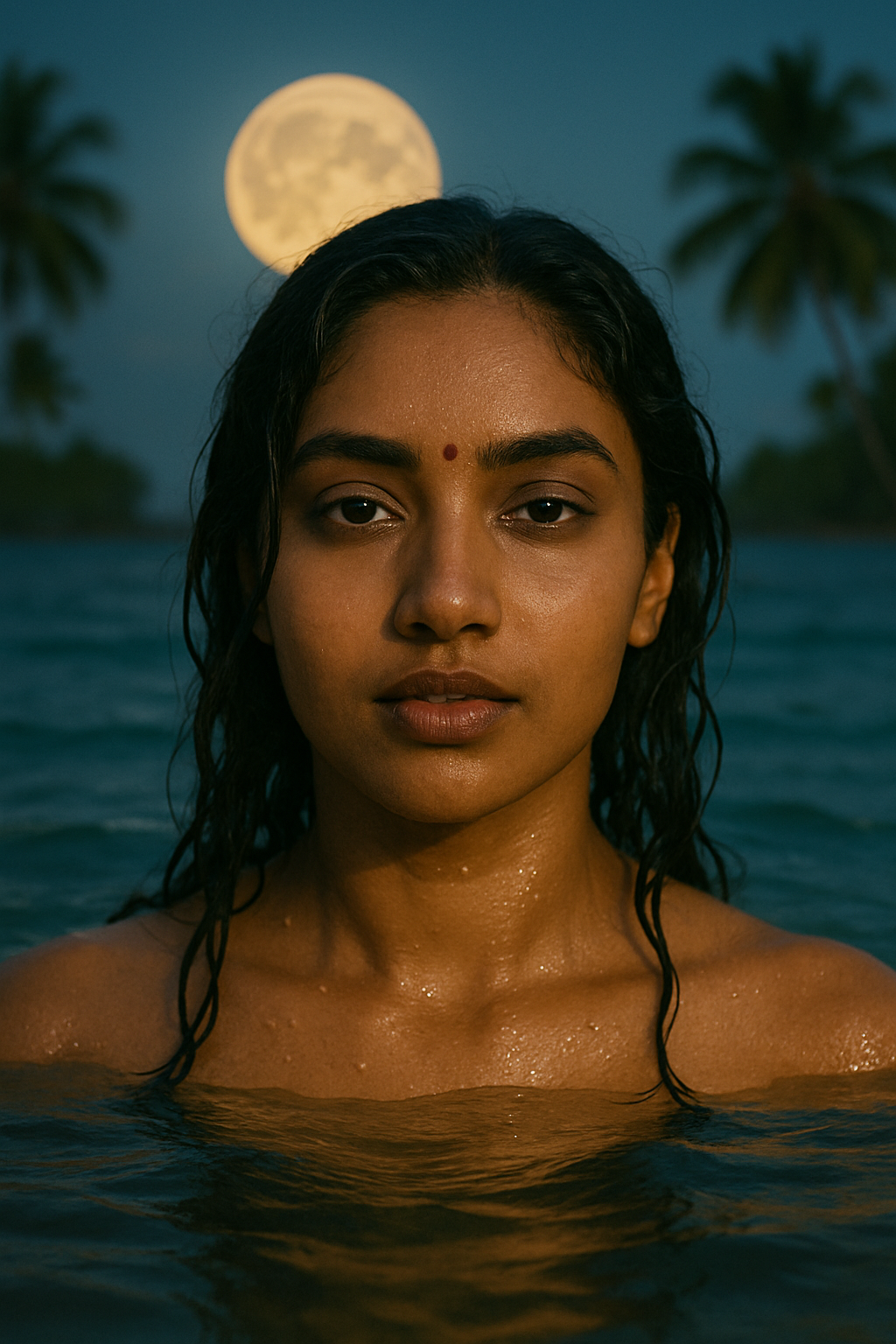 Woman in water with a full moon and palm trees in the background